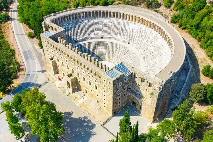 Historic seating and stage of Aspendos Ancient Theater near Antalya