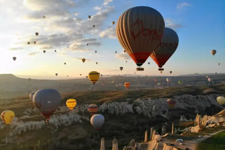 Golden skyline panorama of Cappadocia balloons