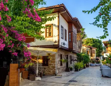 Bougainvillea flowers on Ottoman house in Antalya Kaleici