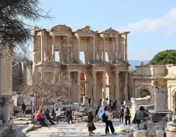 People visiting front courtyard of Celsus Library Ephesus