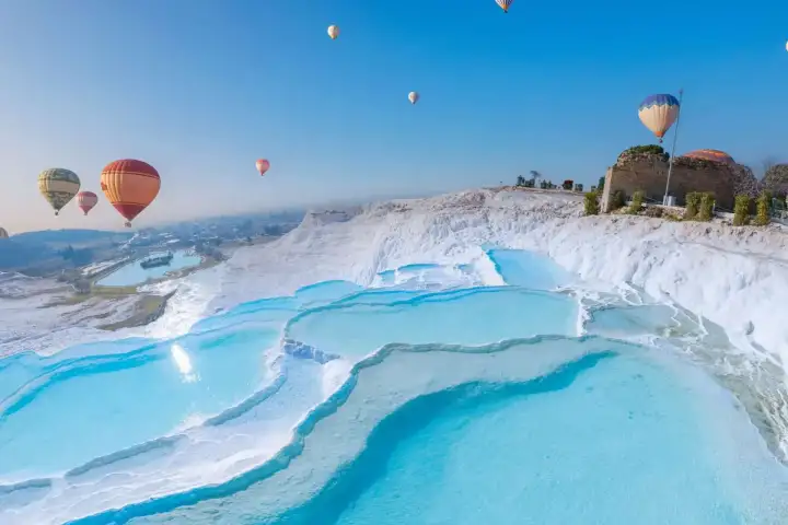 Snow white view of natural formation Pamukkale terraces