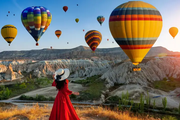 Globos aerostaticos de Cappadocia sobre valles de chimeneas de hadas