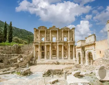 Sunny day blue sky panorama of Celsus Library Ephesus