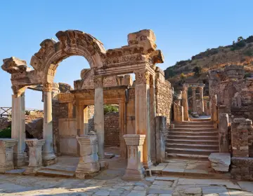 Front view of ornate columns at Temple of Hadrian Ephesus